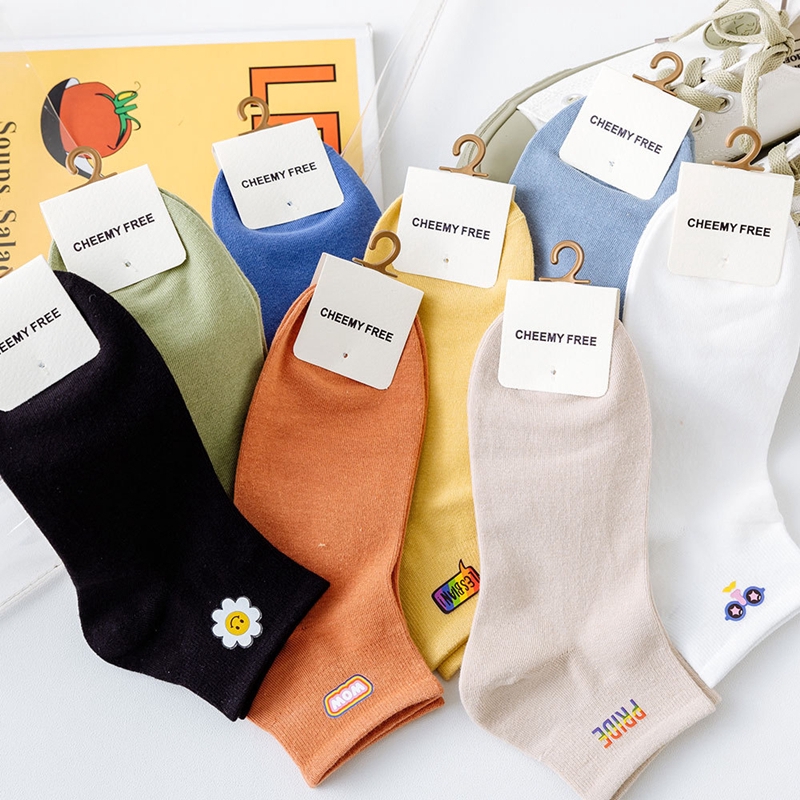 Cartoon Hot Stamping Solid Color Floral Ankle Socks Women Cute Girls Cotton White Black Anklet Boot Socks Low Cut Slipper Socks