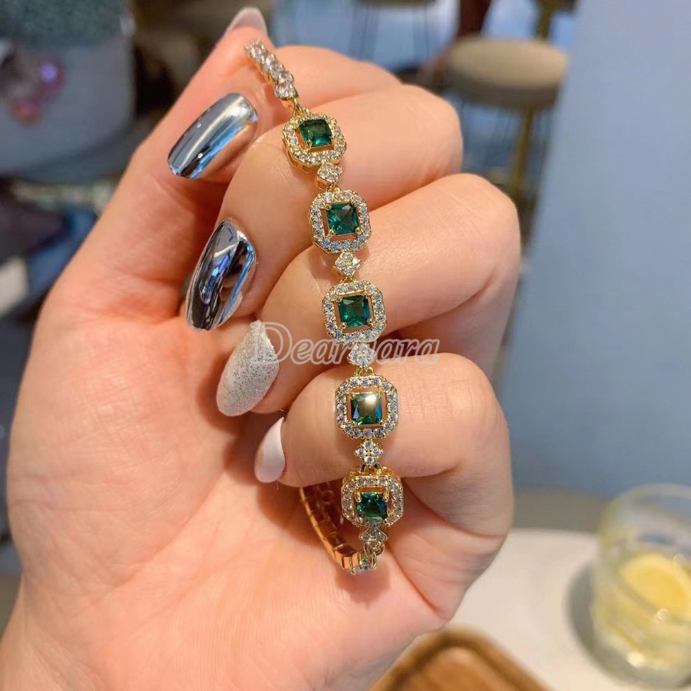 Vòng Tay Công Chúa Tourmaline Mặt Vuông Đính Đá Giả Kim Cương Thời Trang Cho Nữ