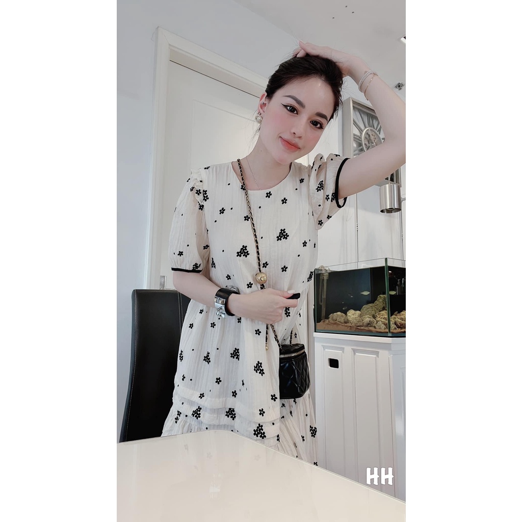 Váy Babydoll hoa nhí chất đũi xốp nhẹ mát, đầm dáng dài thêu hoa dáng xuông màu be sữa sang chảnh Minxu shop mã VAY08