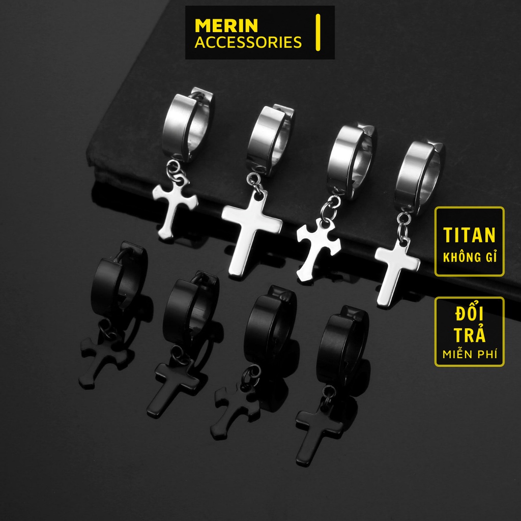 Khuyên tai nam tròn dạng xỏ Merin Accessories màu bạc đen đơn giản đẹp - Hoa tai chữ thập