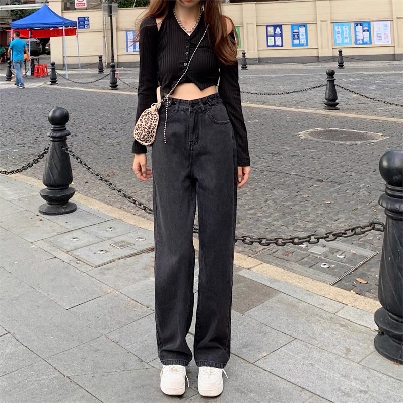 Quần jean nữ dáng đứng ulzzang ống rộng cạp cao, quần bò nữ ống rộng dáng suông phong cách Hàn Quốc | BigBuy360 - bigbuy360.vn