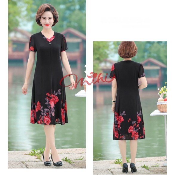 Váy Đầm trung niên nữ cho mẹ phối hoa cao cấp V81c- Áo đầm kiểu thời trang dự tiệc dạ hội đẹp cho người lớn tuổi Bigsize