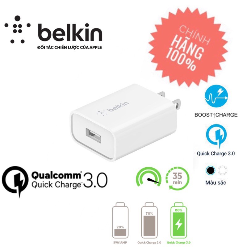 Cốc Sạc-Củ Sạc Nhanh Belkin Quick Charge 3.0-18W Boost Charge [Chính Hãng-New 100%] thumbnail