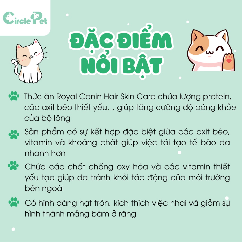Thức Ăn Hạt Cho Mèo Royal Canin Hair Skin Care Chăm Sóc Da Mềm Mịn Dưỡng Lông Bóng Mượt 400g/2kg - Circle Pet