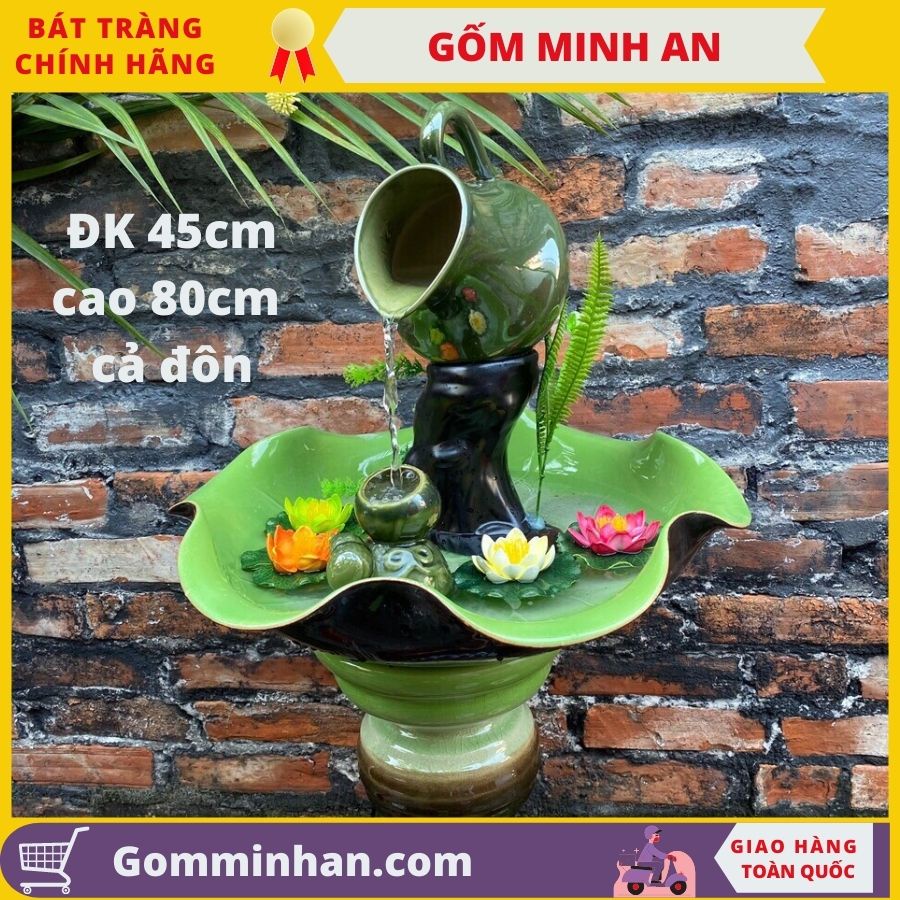 Bát Hoa Thác nước phong thủy gốm Minh An Bát Tràng phi 45cm, cao 80cm cả đôn