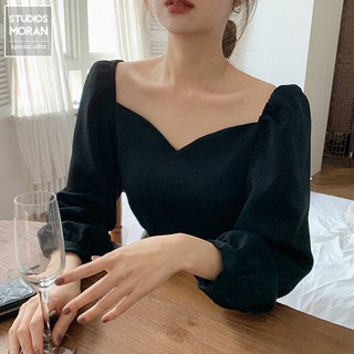 (ORDER) Áo sơ mi dài tay MORAN cổ vuông hình tim nhẹ nhàng gợi cảm kiểu Pháp