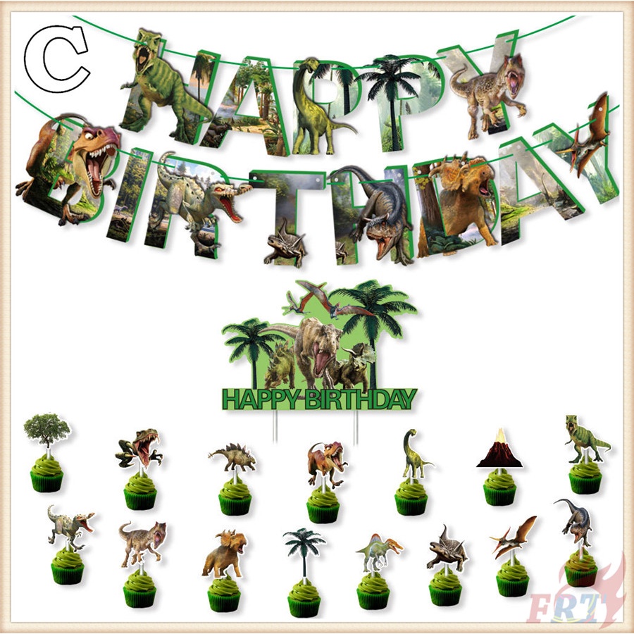 Biểu ngữ trang trí Happy Birthday và phụ kiện trang trí bánh kem hình chủ đề khủng long kỷ Jura 03
