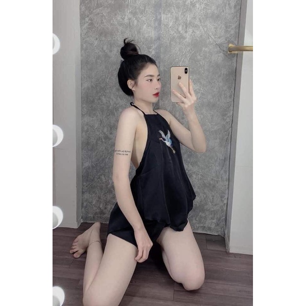 ❤️ MẪU HÓT ❤️ Yếm ngủ sexy thêu hạc lụa satin mềm mịn hở lưng freesize dưới 60kg , đồ mặc nhà nữ 2 dây