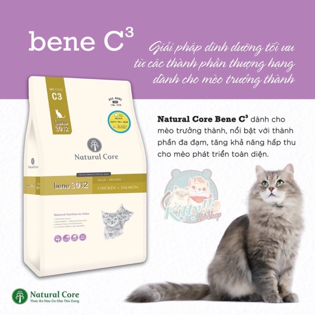 500g - Thức ăn hạt hữu cơ Natural Core C3 Bene 3012 cho mèo từ thịt gà và cá hồi, thức ăn cho mèo - Kitty Pet Shop BM