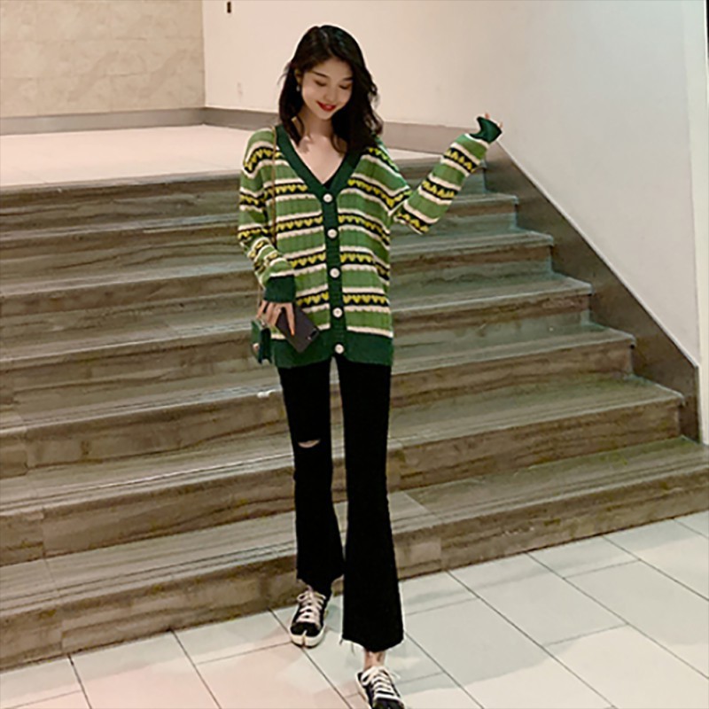 Áo khoác Cardigan dệt kim phối nút kẻ sọc phối màu