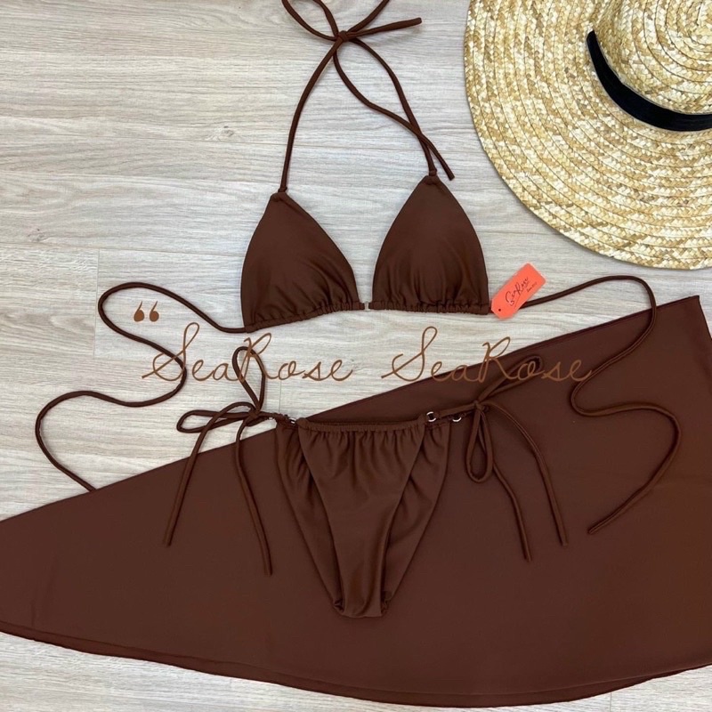 bikini sét 3 món kèm khăn cột Nâu Tây