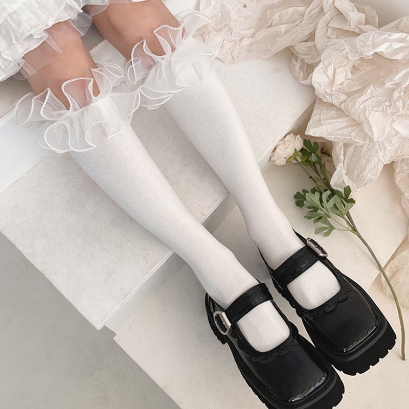 Youyo Vớ Dài Qua Gối Phối Ren Nhún Bèo Phong Cách Lolita Pháp Cho Nữ