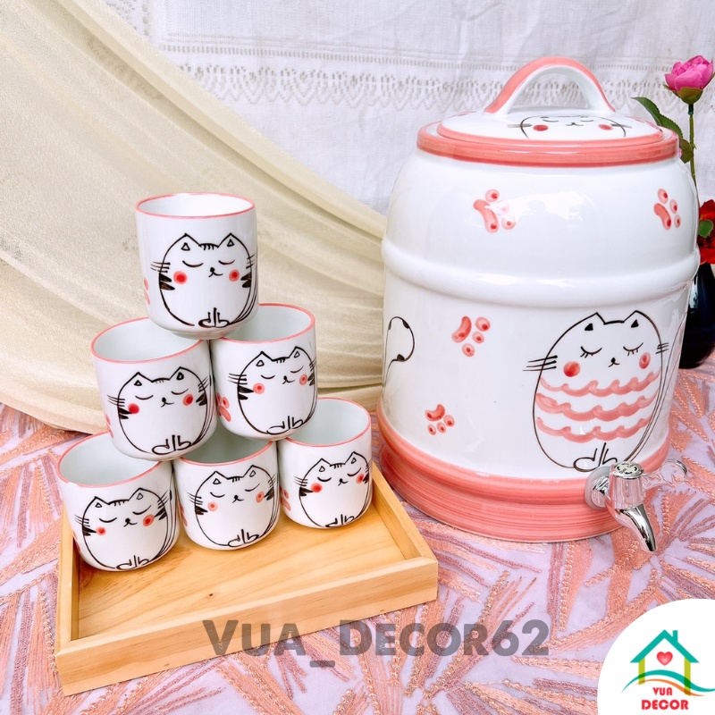 Bộ Bình đựng nước Gốm Sứ Bát Tràng có vòi, bình gốm 9 lit Hình Mèo Hồng Decor Cực Xinh