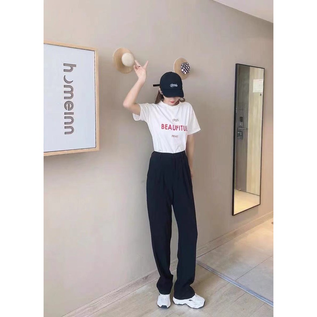 Blackpink Jennie quần ống rộng Lưng Cao Màu Đen Thời Trang Mùa Hè Cho Nữ