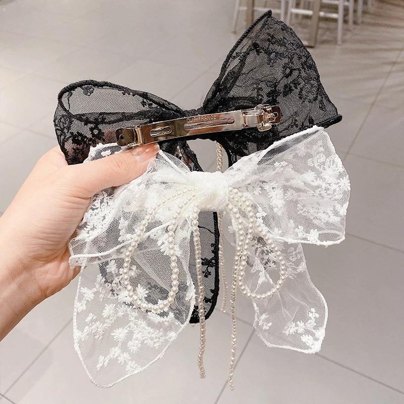 Dây Cột Tóc Nơ Ren Lưới Thanh Lịch Cá Tính Kèm Giá Đỡ Buộc Tóc Đuôi Ngựa Hàn Quốc