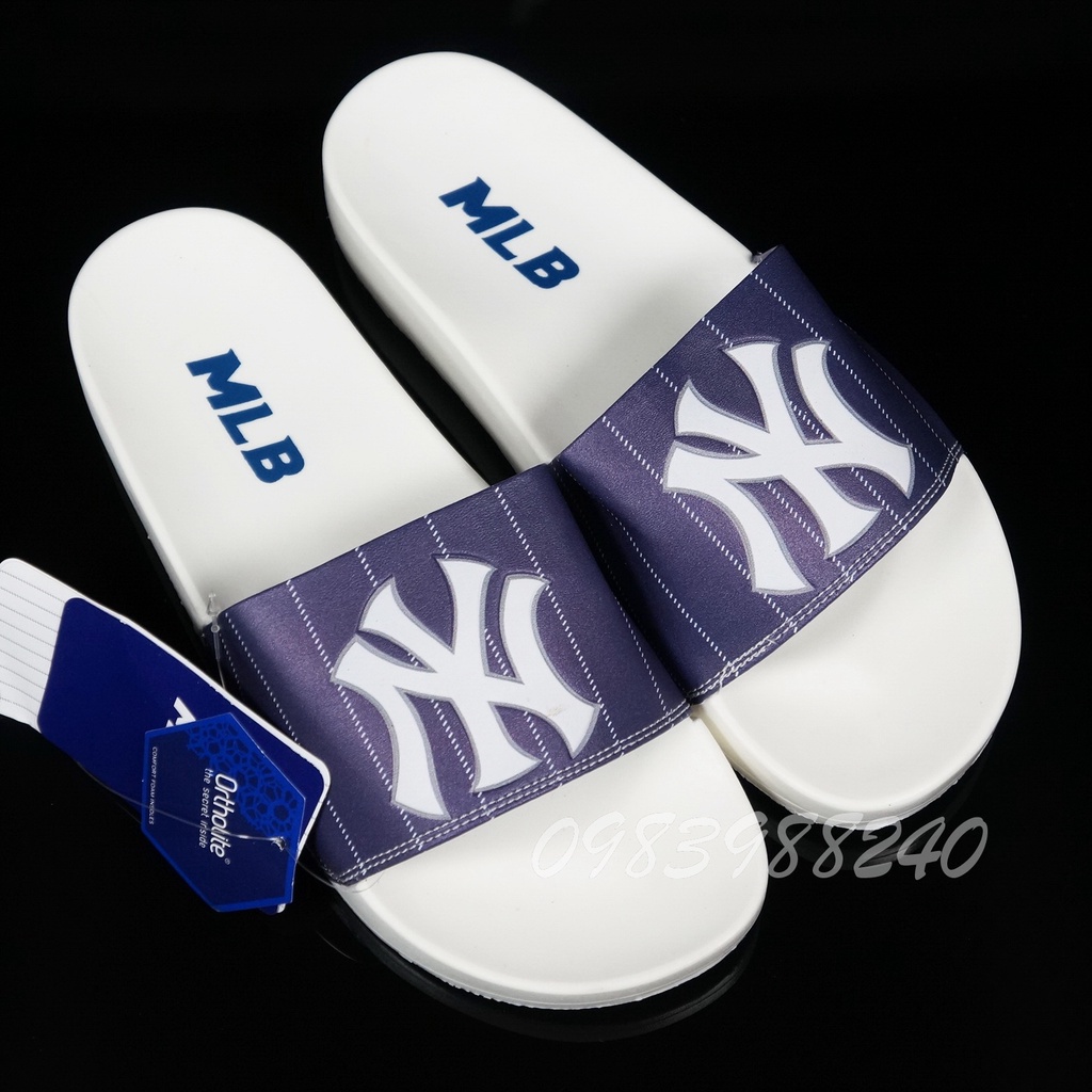 Dép MLB NY LA free ship + hộp hãng + bóng chày chữ thêu nổi NY-NY VNXK loại 1 hot trend quai ngang nam nữ. BH Slippers