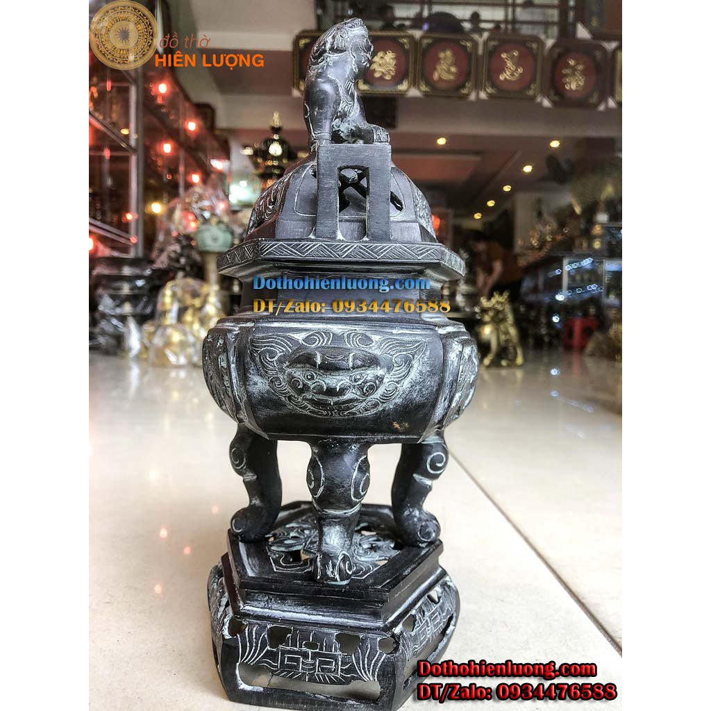 Lư Đỉnh Xông Trầm Lục Giác Hoa Văn Tùng Cúc Trúc Mai Tai Vuông Màu Đen Giả Cổ Bằng Đồng Nguyên Chất