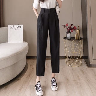 Quần tây nữ công sở cạp cao bản to phối 3 cúc kiểu dáng Quần baggy lưng cao chất vải tuyết mưa dày dặn- Màu Đen - Kem