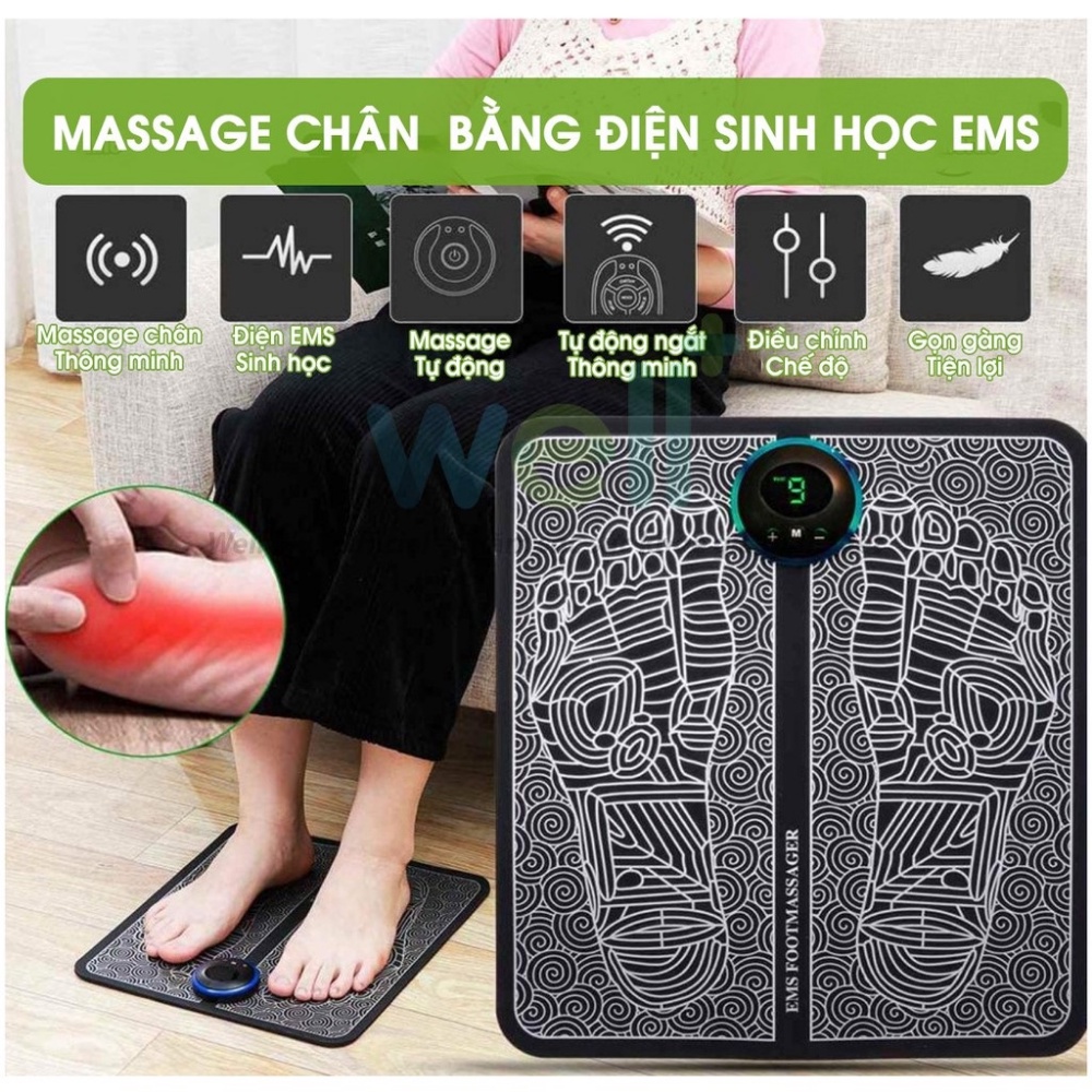 Thảm massage bàn chân, máy massage bàn chân xung điện EMS sạc pin 6 chế độ massage 9 cường độ giúp lưu thông khí huyết