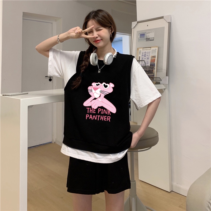 Set Áo Thun Ngắn Tay Form Rộng In Họa Tiết Hoạt Hình Và Quần Short Thời Trang Mùa Hè