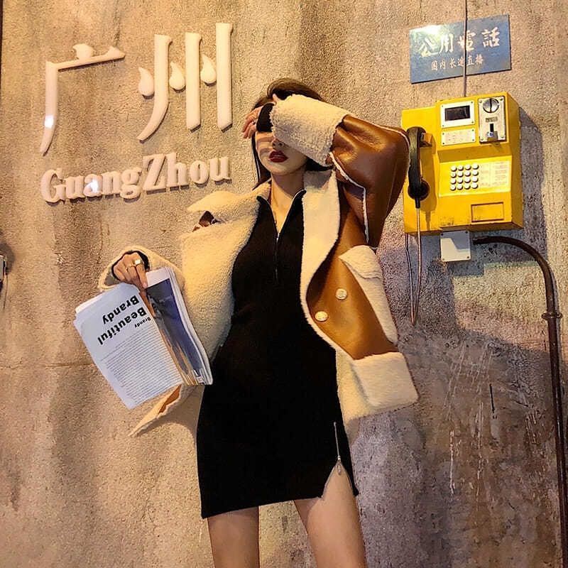 COZOK Đầm tay dài dáng ôm phối khóa kéo thời trang