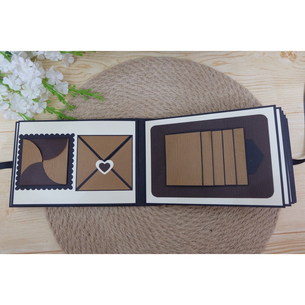 Scrapbook size A5 30 ảnh tone nâu vân gỗ kèm túi hộp