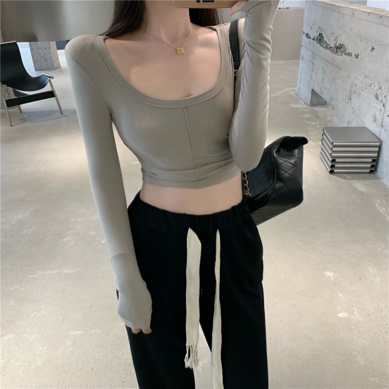 Áo thun lửng tay dài cổ chữ U thời trang cho nữ