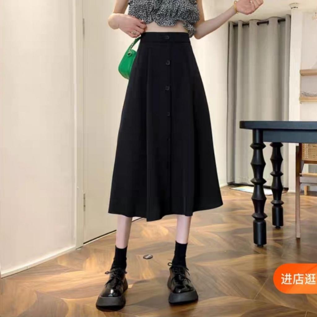 Chân Váy Dài Midi Dáng Xòe Phối 5 Nút Giữa Siêu Đẹp