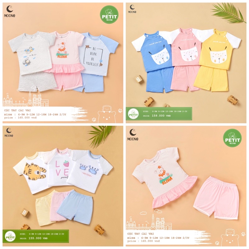Bộ cộc tay cài vai Moon@ vải petit cho bé trai/bé gái