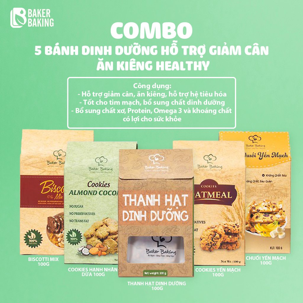 Combo 5 bánh dinh dưỡng hỗ trợ giảm cân ăn kiêng healthy Baker Baking (Bánh quy, Thanh hạt, Bánh cookies, Bánh chuối)