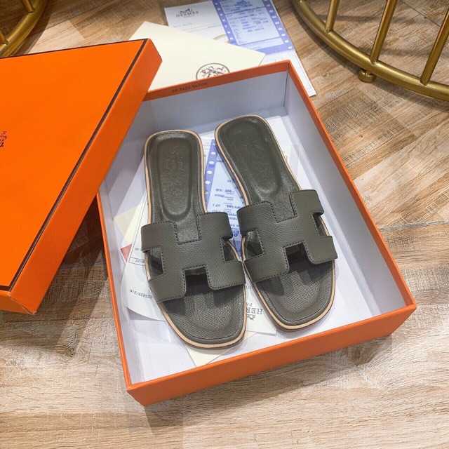 Dép HM cao cấp có hộp túi giầy da sần đen nâu rêu