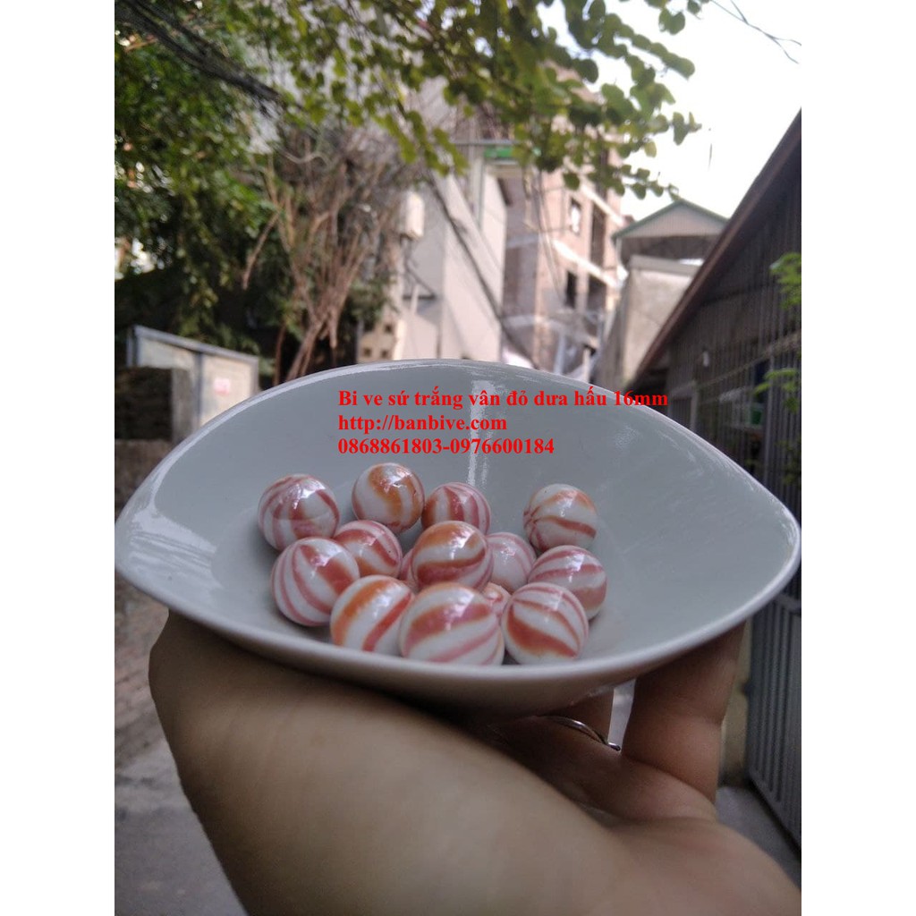 Bi ve - bộ viên bi sứ trắng vân đỏ dưa hấu đường kính 1.6 cm bộ 10 viên