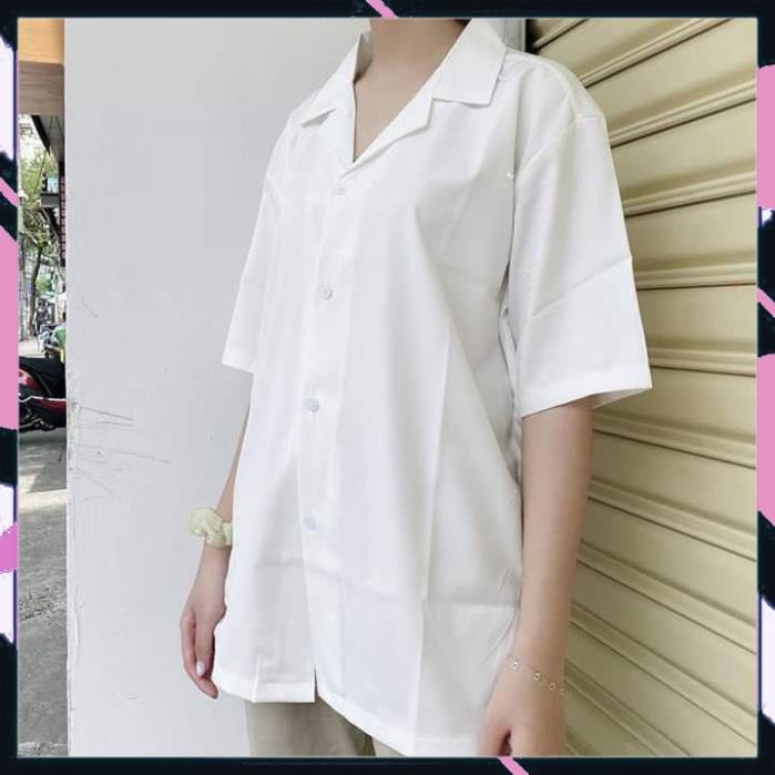 Áo sơ mi tay ngắn Cổ Vest trắng đen Unisex NAM NỮ trơn vải Cotton lụa mềm Ngắn tay form rộng ་