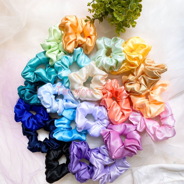 Cột tóc vải scrunchies satin bóng nhiều màu cơ bản TIMSTORE