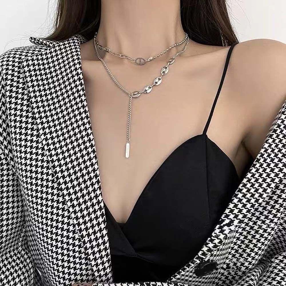 Vòng cổ Hai Lớp Mặt Vuông Phối Tua Rua Phong Cách Hip Hop Hàn Quốc Thời Trang Cho Nữ