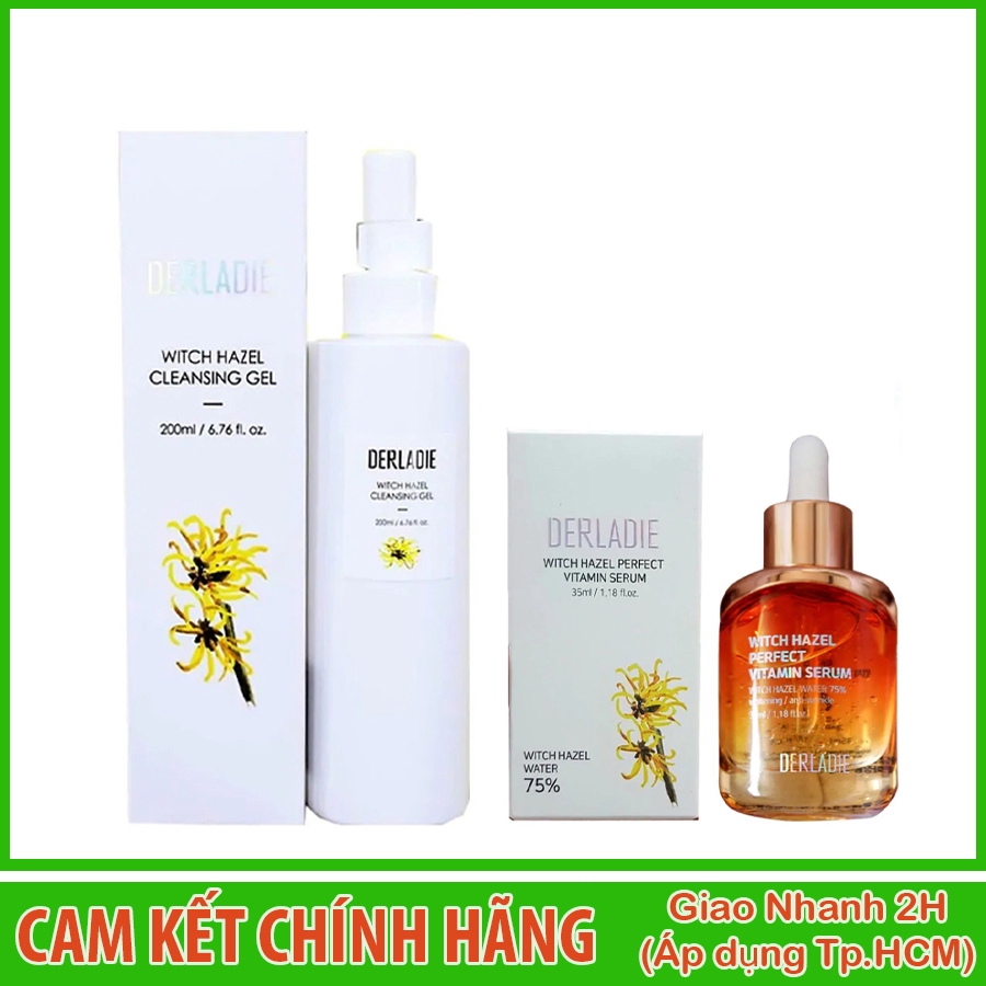 Combo 2 sản phẩm sữa rửa mặt và tinh chất giảm mụn làm mờ sẹo chiết xuất cây phỉ derladie witch hazel perfect vitamin