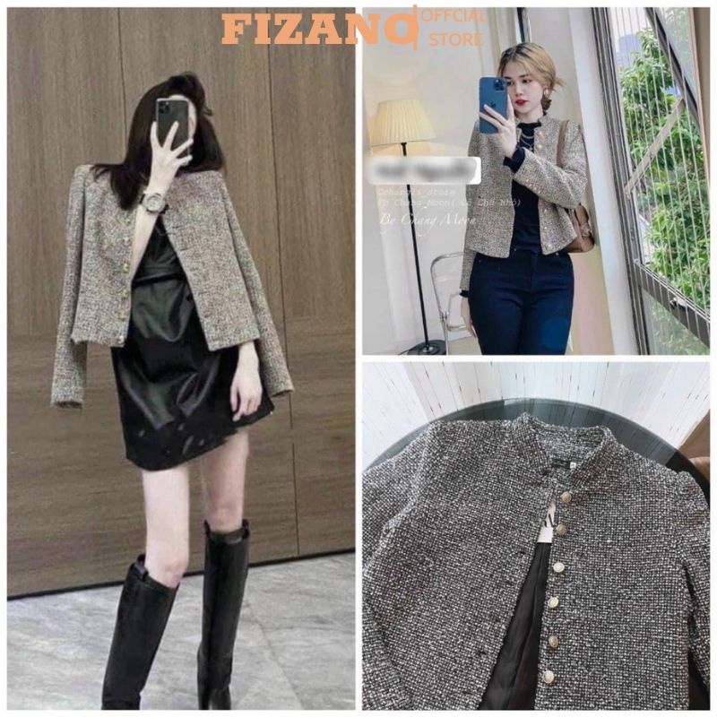 Áo vest nữ dạ áo blazer dạ 2 lớp cúc đồng dài tay cổ tròn cách điệu siêu xinh fizano