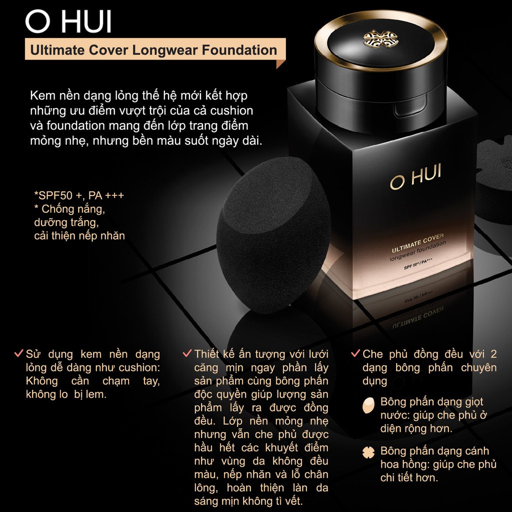 [Mã giảm 120K] Bộ Kem nền siêu che khuyết điểm da căng bóng OHUI Ultimate Cover Longwear Foundation SPF50+/PA +++