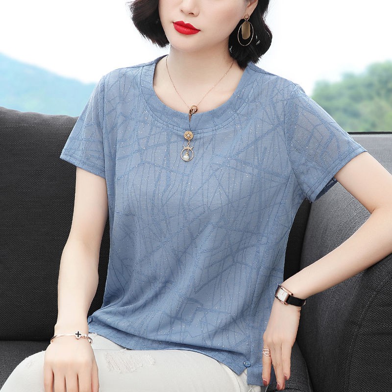 Áo thun voan ngắn tay mẹ mùa hè 2021 kiểu mới lụa sáng tây khoác dạ nữ trung niên thời trang rộng rãi