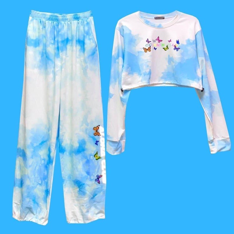 Áo CropTop Tay Dài Loang 3D Bướm Phản Quang_Nguyên Set Loang 3D Ảnh-Clip Thật 100%