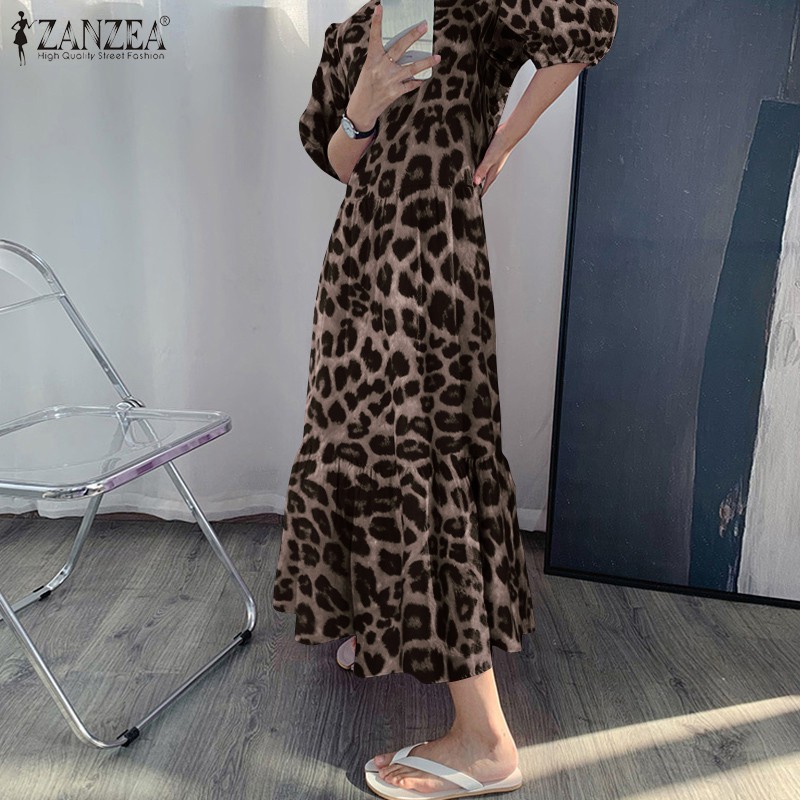 ZANZEA Đầm Maxi Tay Phồng Họa Tiết Da Báo Thời Trang Cho Nữ | BigBuy360 - bigbuy360.vn