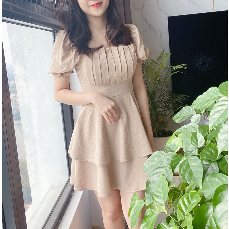 Váy tiểu thư đũi trơn đi tiệc đi chơi , biển đều hợp kiểu đầm cổ vuông màu nâu be sang chảnh, có đệm ngực