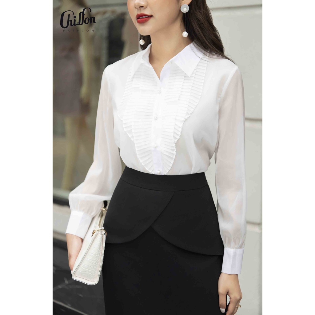 Áo sơ mi công sở nữ cổ đức dập ly ngực chất tơ cao cấp thiết kế Chiffon