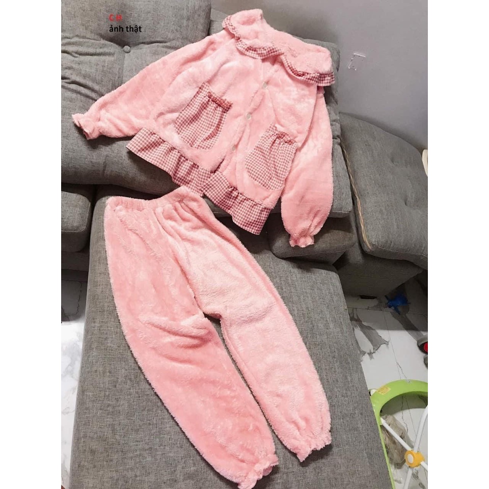 Đồ bộ nữ mặc nhà- bộ ngủ lông cừu túi caro màu hồng from rộng ấm áp- pyjama dài tay phogn cách hàn quốc