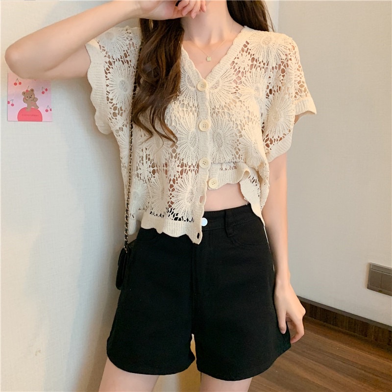 Áo Khoác Len Ren Đan Hoa Ngắn Tay