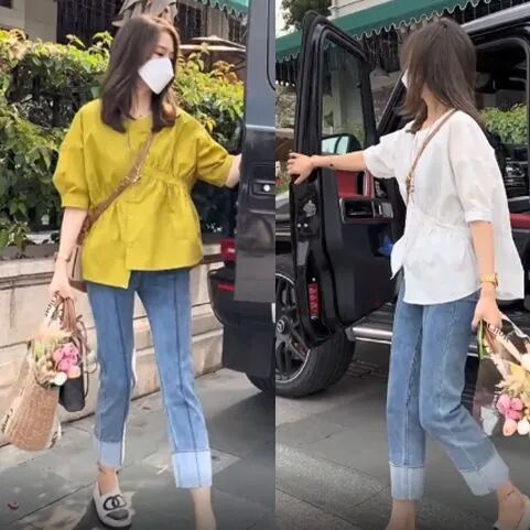 Bộ Áo Sơ Mi Ôm Eo + Quần Jean Dài Lệch Tà Thời Trang Mùa Hè Hàng Mới 2022 Dành Cho Bạn Nữ