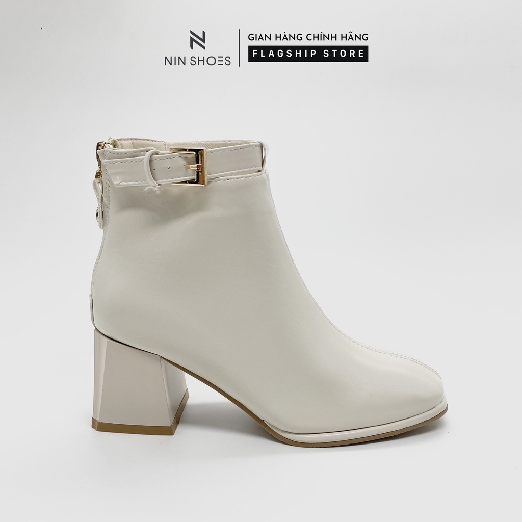 Giày Boot nữ 5p gót vuông khóa giả kéo khóa hông da si cổ thấp Ninshoes | BigBuy360 - bigbuy360.vn
