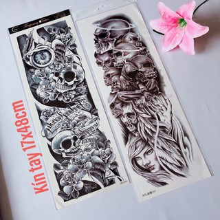 Combo 2 tấm hình xăm dán kín tay đầu lâu cô gái đen trắng 17x48cm- tặng bắp tay mini 10x20cm
