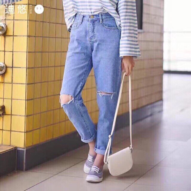 [Bigsize 26-36] Quần Baggy Rách Gối - 2 Màu Xanh Đá Đậm/Nhạt - Lưng Cao, Không Giãn