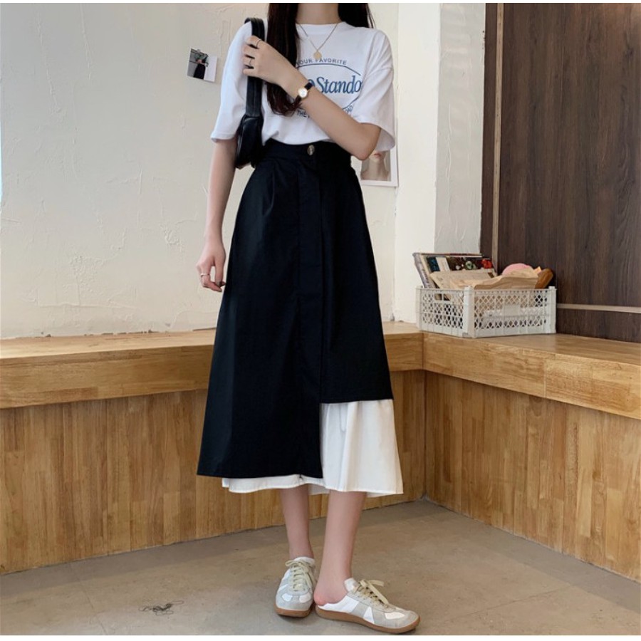 Chân Váy Dài Phối Lệch 2 Màu Đen Trắng, Dáng Ulzzang dài chất liệu đẹp CV009 | BigBuy360 - bigbuy360.vn